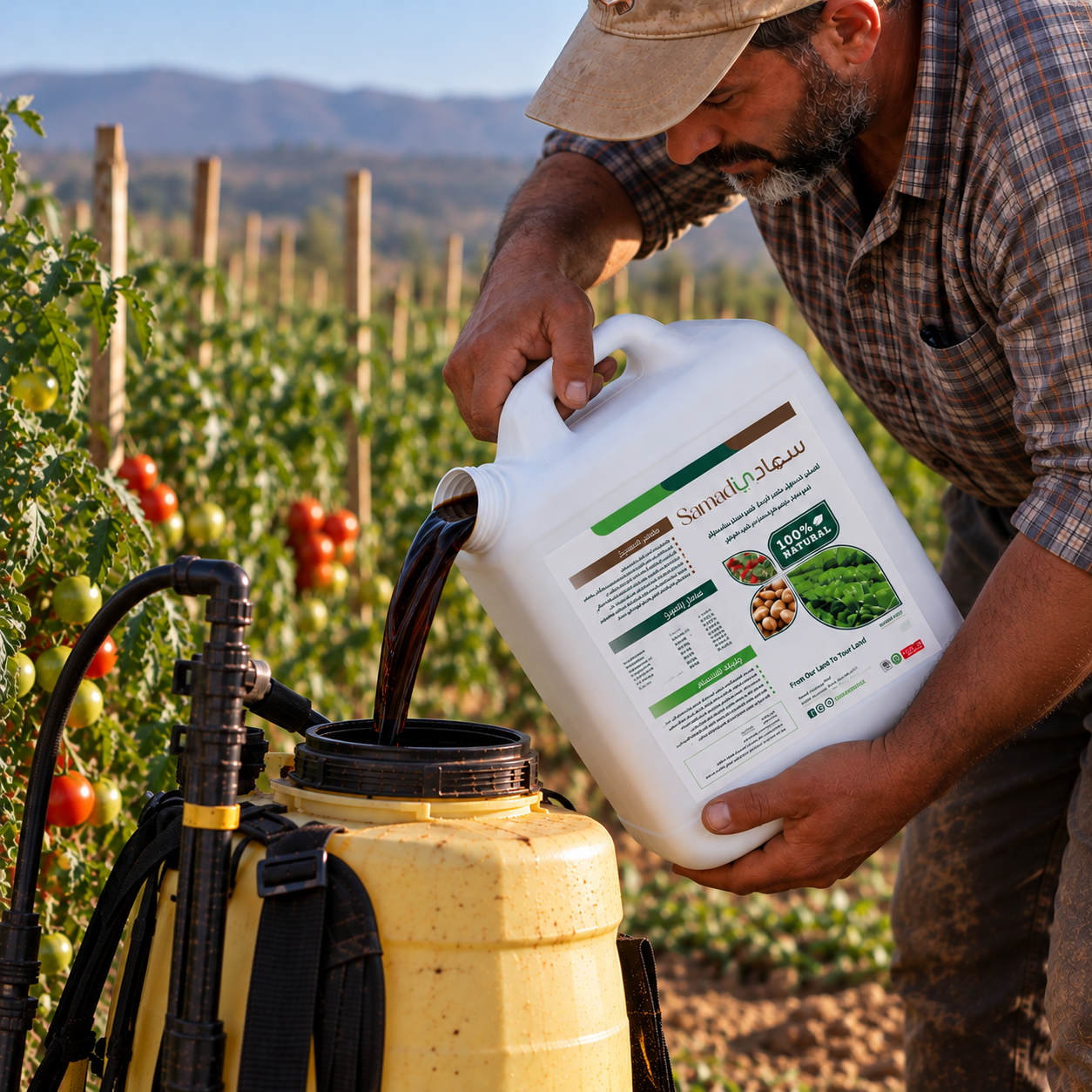 Farmer pouring SAMADI into a sprayer in a tomato field